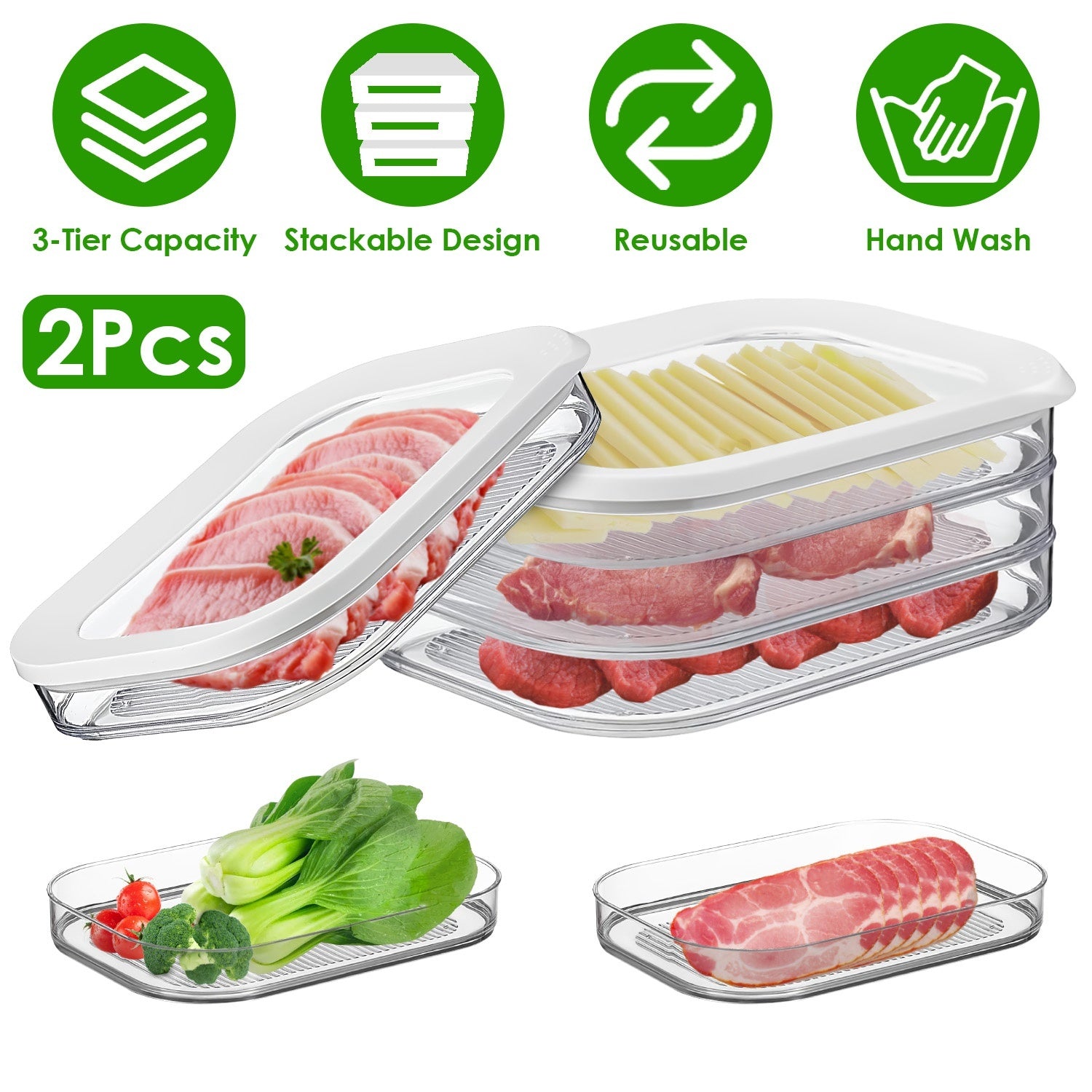 Stackable 3-tier deli meat container with clear lid for fridge organization
