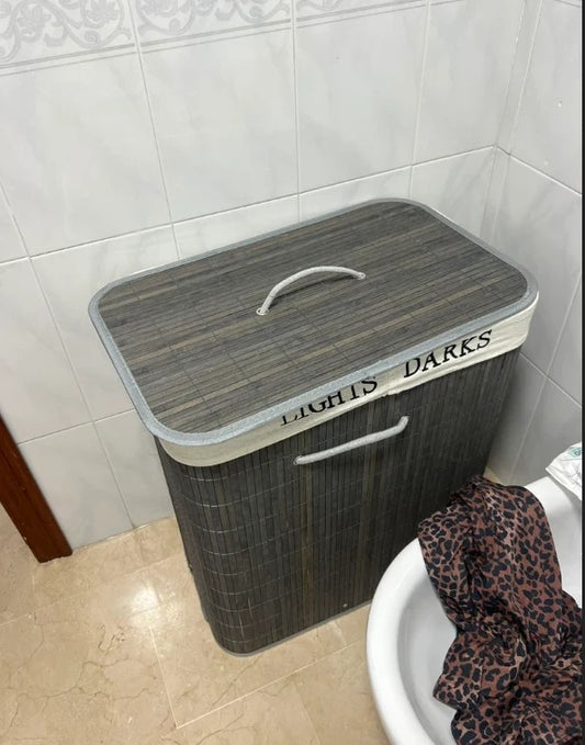 Bamboo Laundry Basket with Lid – Dual Compartment Collapsible Hamper (Gray)