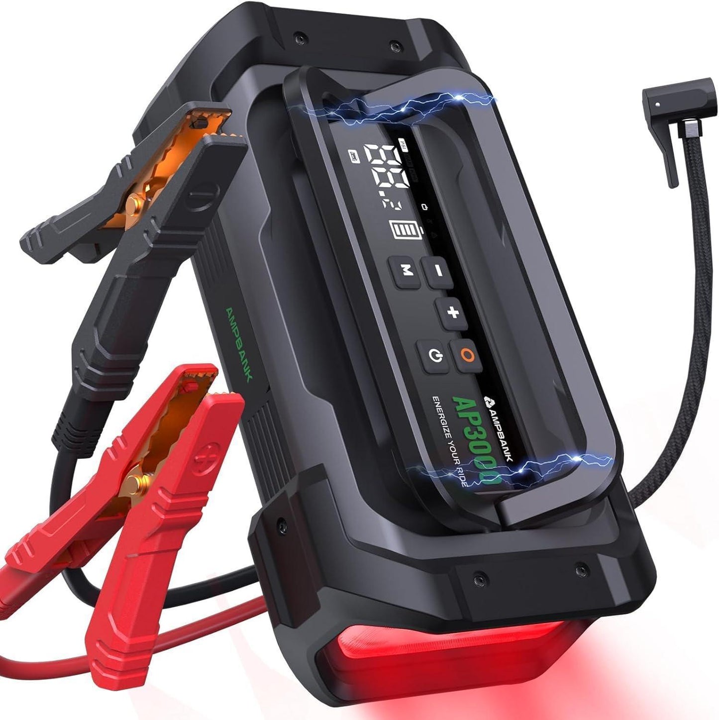 3000A portable car jump starter with built-in tire inflator and LED emergency light.