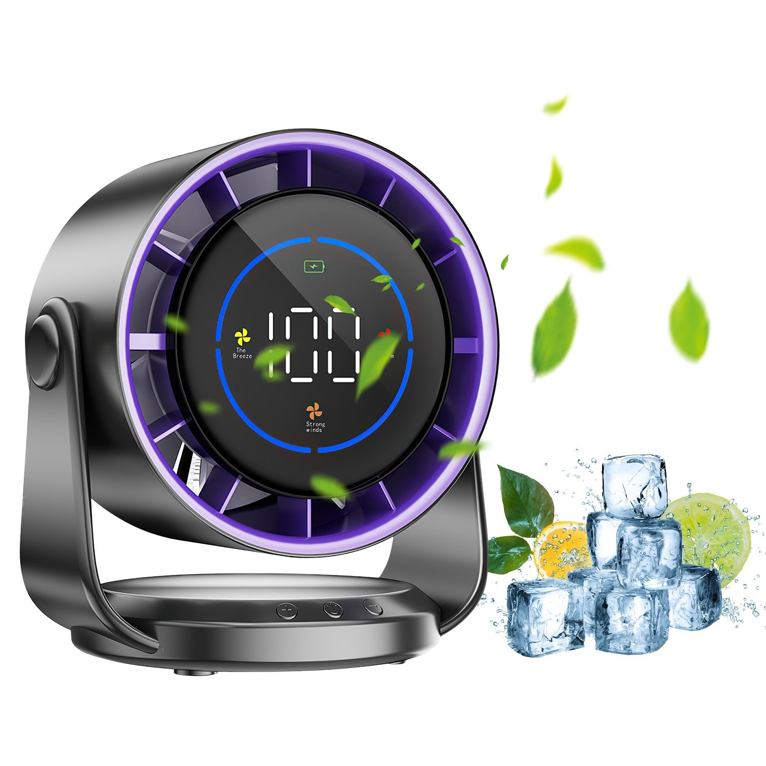 Purple rechargeable desk fan with LCD display and 100 speed settings