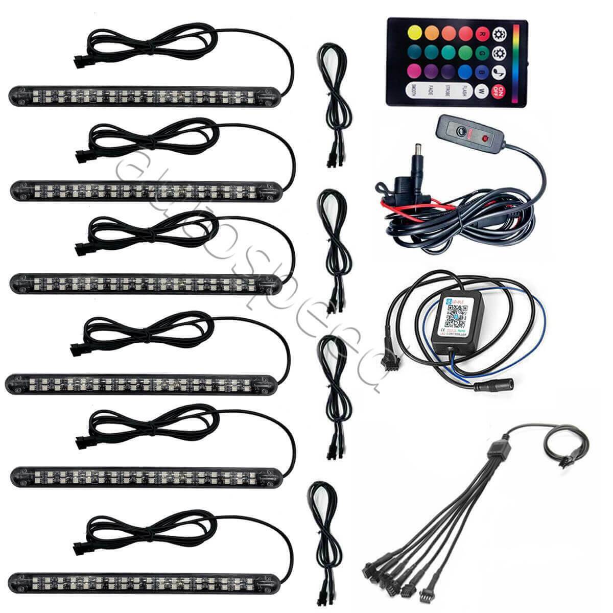 Complete LED car lighting kit — remote, app controller, splitter cables, mounting accessories
