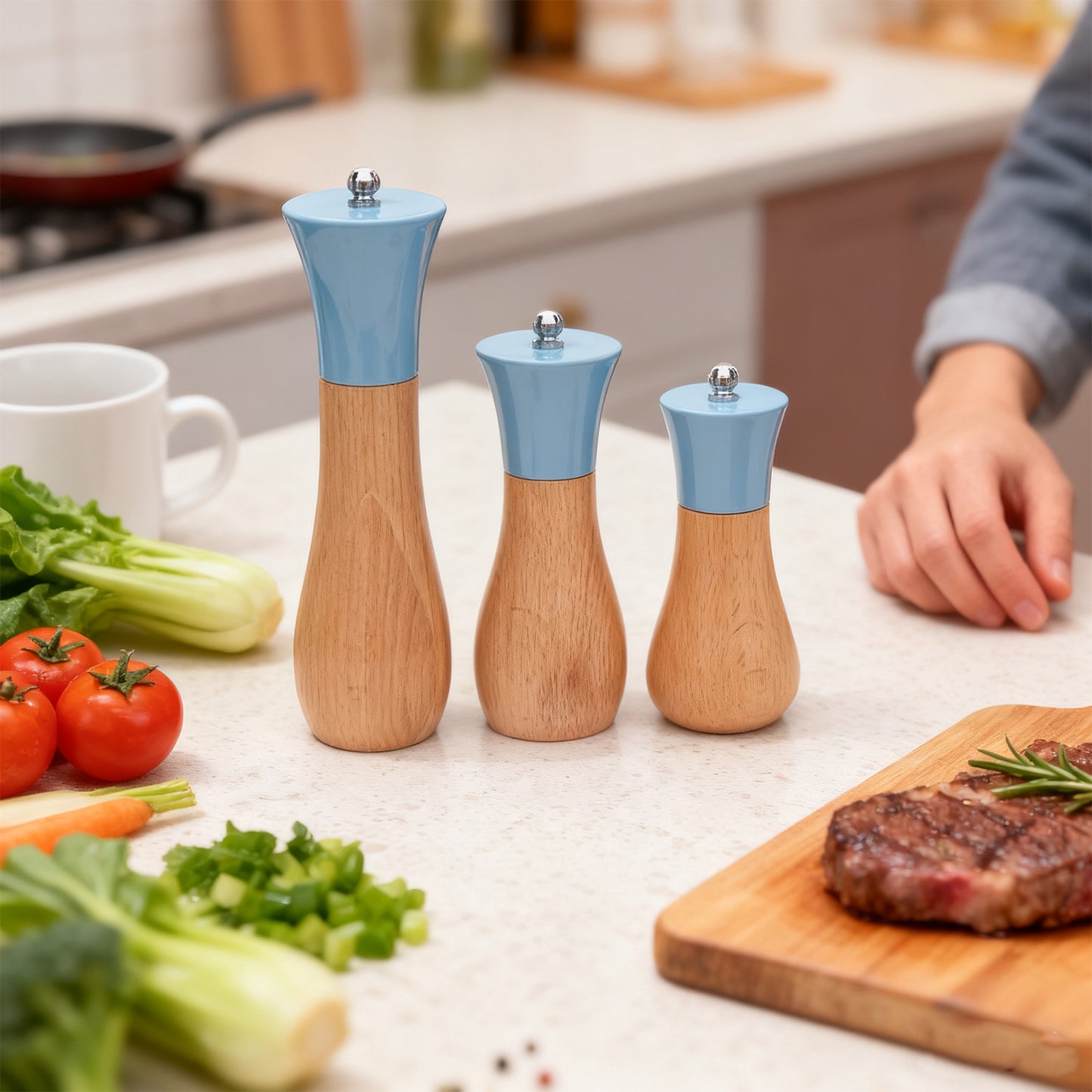 Wooden seasoning grinder with pastel top on a kitchen counter