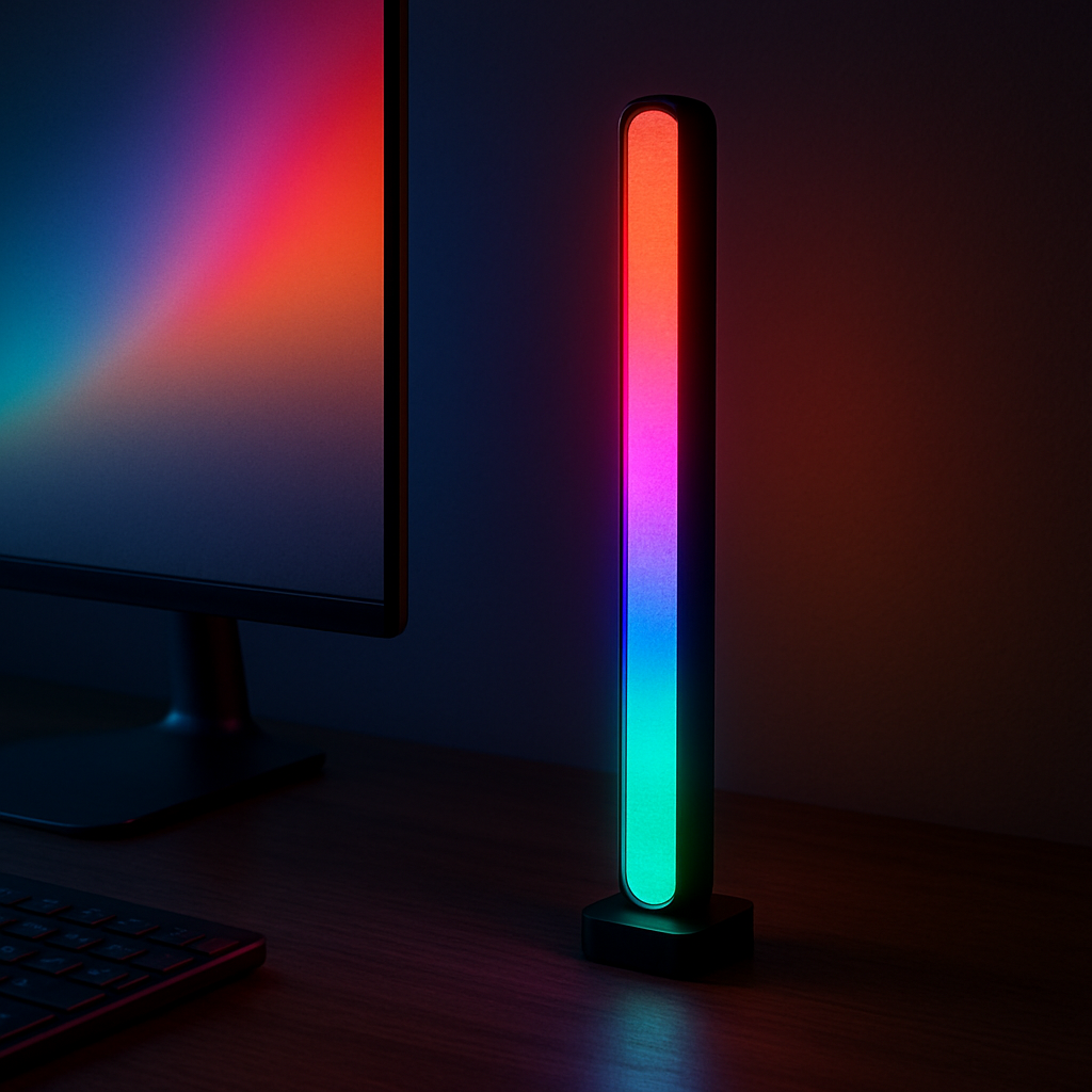 RGB LED Light Bars creating ambient lighting on a gaming desk setup with monitor.
